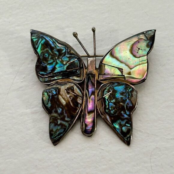 Vintage Abalone Butterfly Brooch Pin Alpaca Silver-Tone Iridescent Stamped - Picture 1 of 4